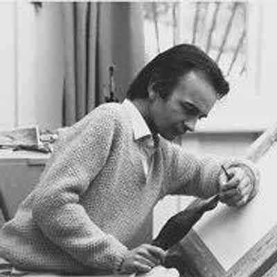 Artist James Fenwick Lansdowne RCA, OC, OBC, in his studio, studying a skin, 1970: Photograph by Witney