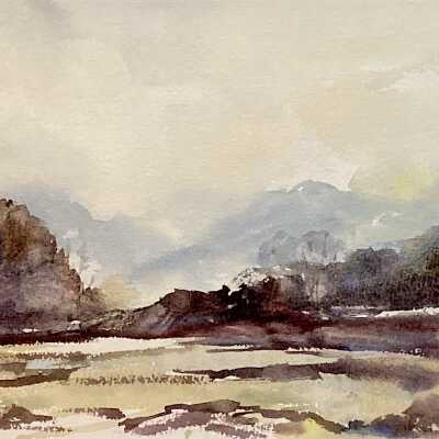 Beach Scene with Mountains