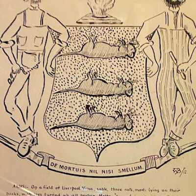 DE MORTUIS NIL NISI SMELLUM Coat of Arms. Cartoon related to UCBC rat infestation in Douglas Street Clubhouse