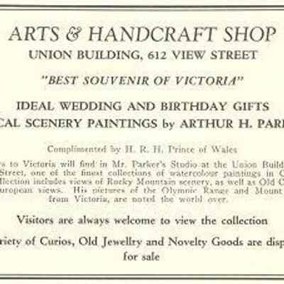 Ad for artist Henry Parker's Victoria, B.C. studio and artwork from the pamphlet "Call of the Coast: British Columbia", 1928 published by B.C. Advertisers, Vancouver, B.C.