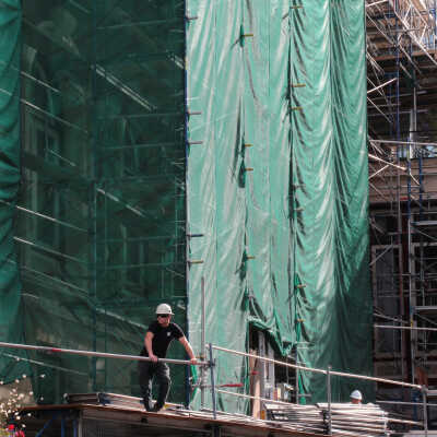 The UCBC Terracotta Restoration Project, No. 5. Work in Progress: Scaffolding and wrap, Humboldt Street