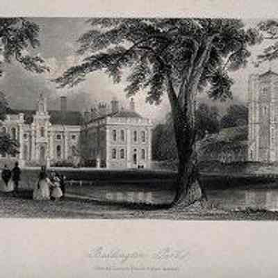 Beddington Park...view of the grounds [Carew Manor to the left, with adjacent parish church of St. Mary], ca. 1855. Etching by Flemming after Thomas Allom (1804-1872): From Wellcome Collection, U.K. (Ref. 24535i)