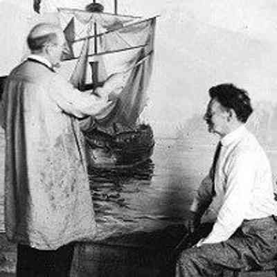 George Southwell (left), artist in 1926 with artist friend, John Innes (1863-1941): Photograph of Southwell painting Captain Vancouver’s ship “Chatham”, perhaps David Spencer Store mural in Vancouver, B.C.