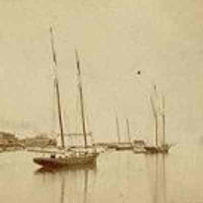 View showing George Gooderham's yacht 'Oriole' lying off Tinning's Wharf, East of foot of York Street, Toronto, Ontario, 188-? Photograph by unknown photographer: Toronto Public Library Baldwin Collection (D3-49C)