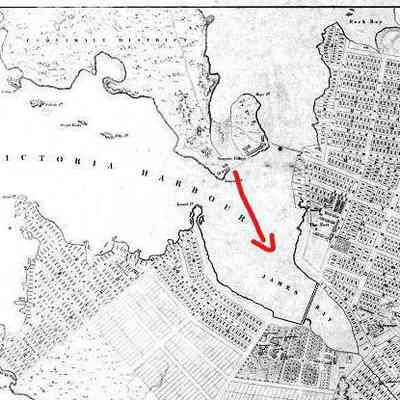 Town of Victoria, Vancouver Island. Detail with added red arrow showing direction of view in the engraving. From the Official Map. J. Despard Pemberton Surveyor General 1861: From B.C.Royal Museum and Archives (06449B) via Internet Archive, Wayback Machine