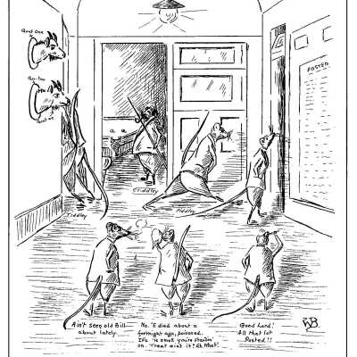 Ain’t seen old Bill about lately. No, 'E died about a fortnight ago, poisoned... Cartoon related to UCBC rat infestation in Douglas Street Clubhouse