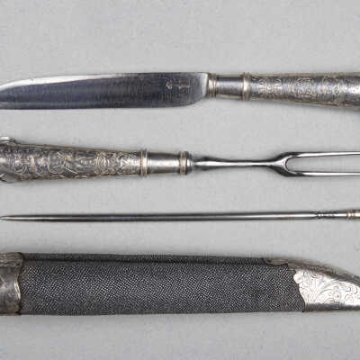 Knife fork and bodkin in case