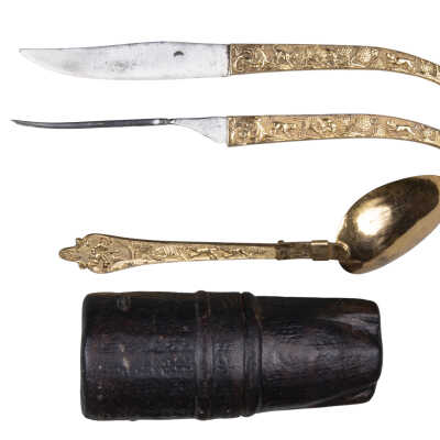 Folding knife fork and spoon in a case