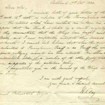 Letter from Henry Clay to Samuel Fahnestock, Esq.
