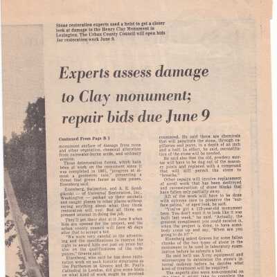 Experts assess damage to Clay monuement; repair bids due june 9.
