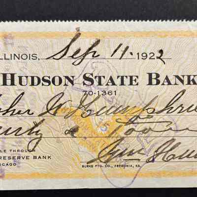Hudson State Bank - Cancelled check Sept 11, 1922
