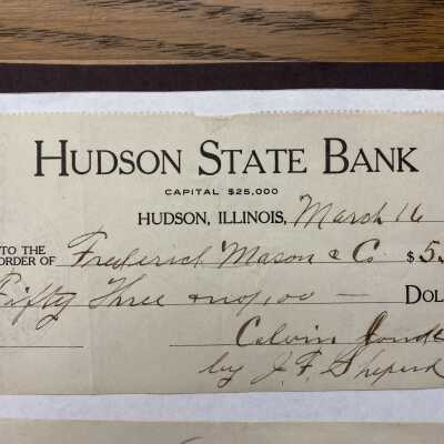Hudson State Bank Check 1909