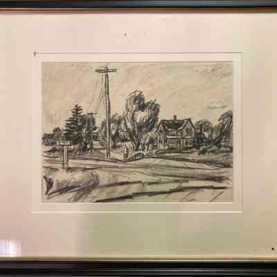 Landscape with house, mailbox, trees, utility poles