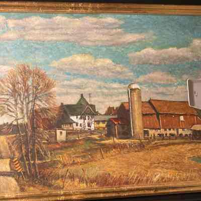 Farm scene with house, barn, silo