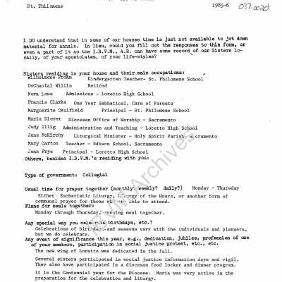 St. Philomene Convent Information, 1985 - 1986
