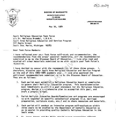Letter to the Sault Religious Education Task Force