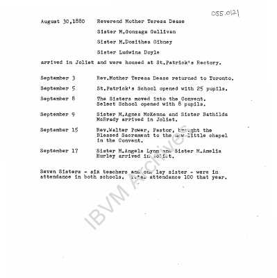 Chronology of the IBVM in Joliet