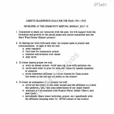 Loretto Chadsworth Goals, 1991 - 1992
