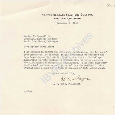 Letter from H.A. Tape of Northern State Teachers College