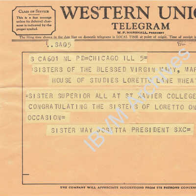 Telegram from Sister Mary Josetta Butler