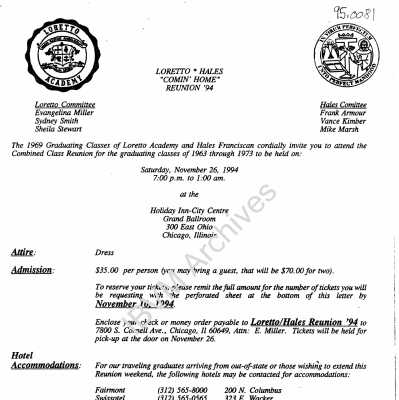 Loretto Academy and Hales Franciscan Class Reunion Invitation