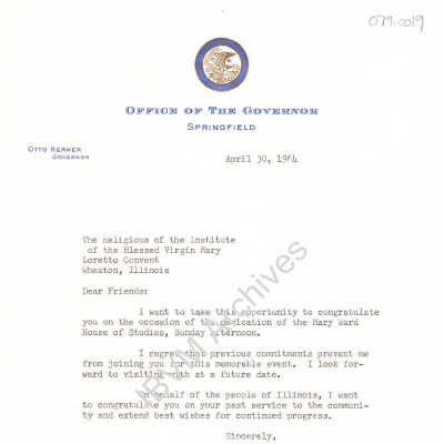 Letter from Illinois Governor Otto Kerner
