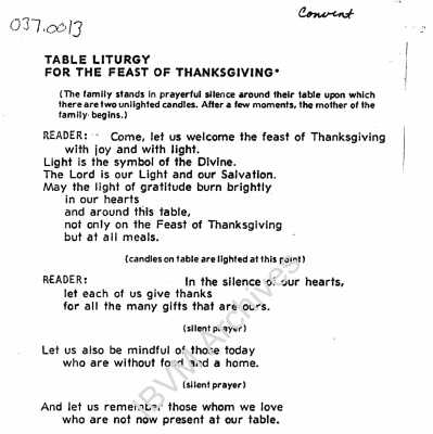 Table Liturgy for the Feast of Thanksgiving