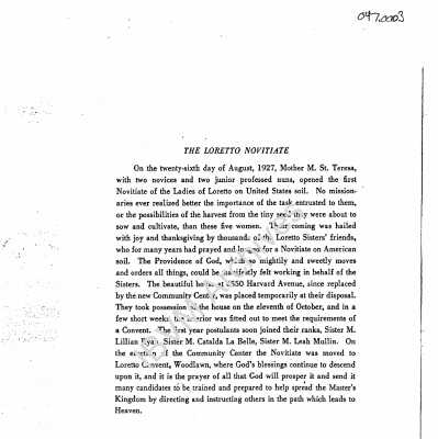 History of the Loretto Novitiate