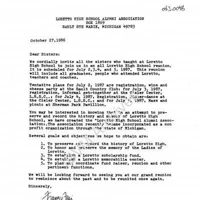 Letter from the Loretto High School Alumni Association