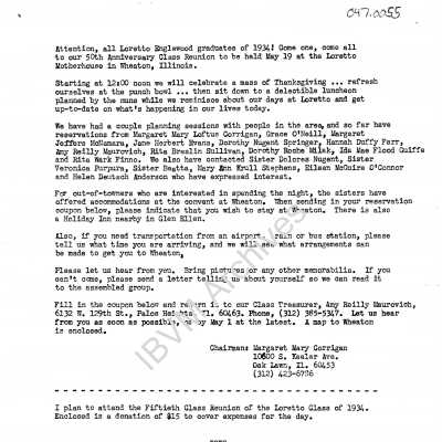 Loretto High School 50th Anniversary Reunion Letter