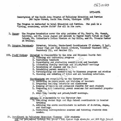 Description of the Sault Ste. Marie Religious Education and Service Program, 1973 - 1974
