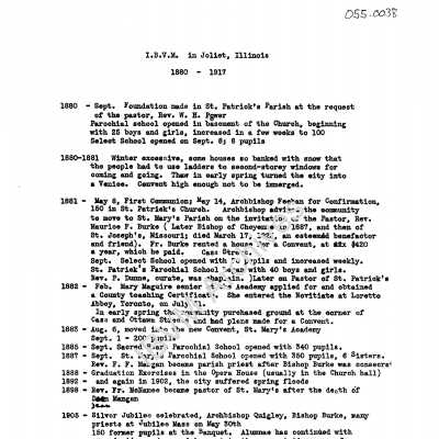 Chronology of IBVM in Joliet, 1880 - 1917