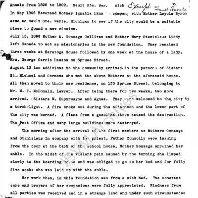 Excerpt from the Sault Ste. Marie Annals, 1896