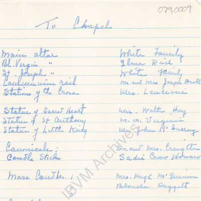 Donation List for the IBVM Convent Chapel