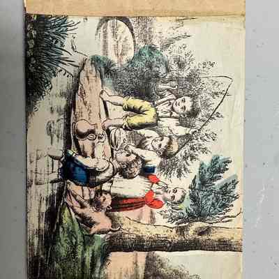children and a dog by a riverside, fishing