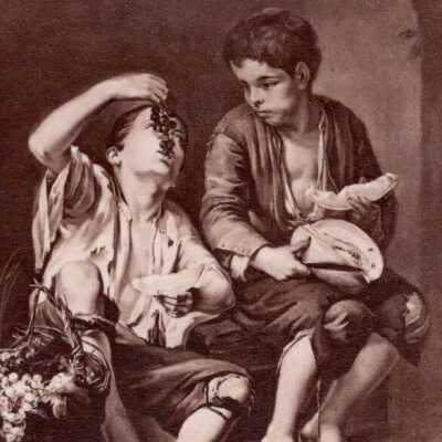 Two Boys Eating a Melon and Grapes: Painting Two Boys Eating a Melon and Grapes by Bartolomé Esteban Murillo located in Munich. 