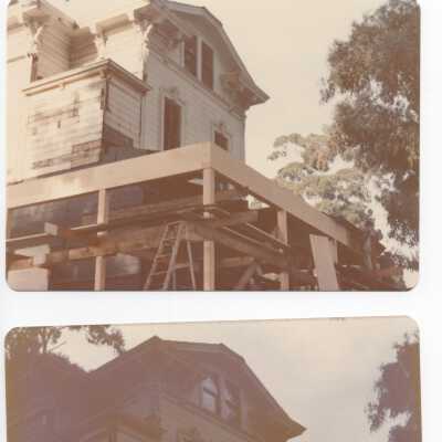 ap- Approx. 1974 Reconstruction of veranda roof; aq- Approxx. 1974 Reconstruction veranda roof.; ar- Fred Loser's restoration of metal lower roof, front section.