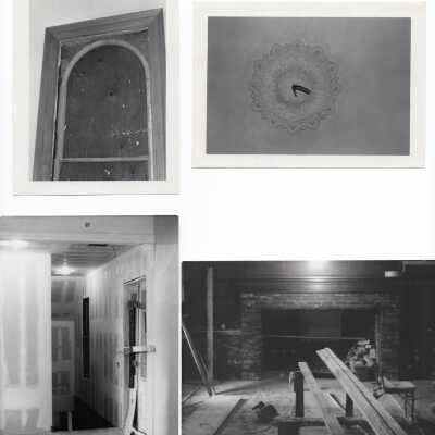 ai- New window installed in Hewes art gallery to replace door added during OPM period.; aj- Rosette in back section of main hall. New repro 1978.; ak- Back section main hall after sheet rocked 1978.; al- The colonial kitchen- OPM exhibit underway.