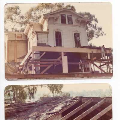 am- Construction of new veranda roof; an- 1973: The roof of the boat house just after separated from 1906 addition to CS House.; ao- The boat house separated from the rear addition Summer 1973;