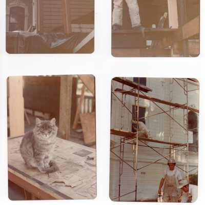ay- Original house color revealed during 1973 demolition. Also shows new molding details added.; az- Approx. 1974: Lewis DiSibio reconstruction of veranda roof.; ba; bb- 1973: National Paint Week Contribution of East Bay Painting + Decorating Contractors