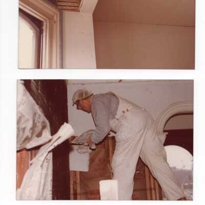 bg- 1978 Plaster working in Hewes Family Parlor; bh- 1978 sheet rock in upstairs office to right at head of stairs.; bi- Dante Ragalia applies new plaster.
