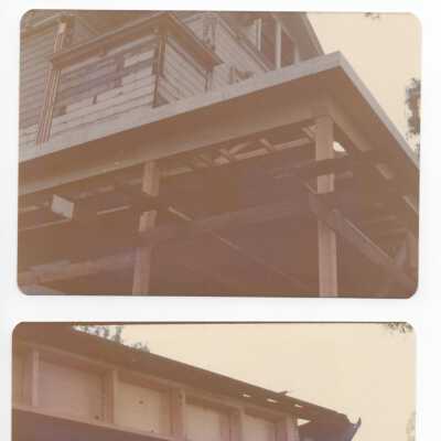 k- reconstruction of veranda roof, 1974; l- Reconstruction of veranda roof 1974; m- Fred Loser's restoration of lower metal roof, a five year process- south side.
