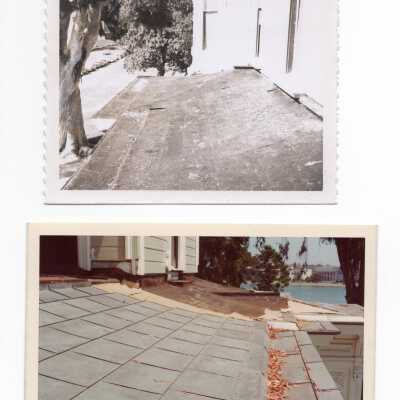 e- side view, 1972; f- old porch roof facade 1971; g- partially completed metal upper roof by Fred Loeser