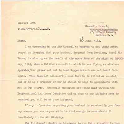 35/Hoos Crew: Davidson, Air Ministry letter of sympathy