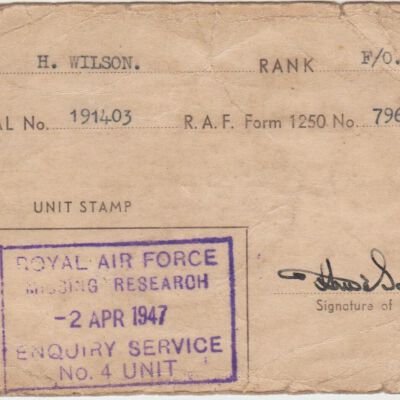 RAF Casualty Branch: MRES, Wilson, pass card