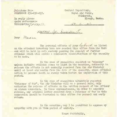 35/Hoos Crew: Davidson, effects, letter 43-06-28