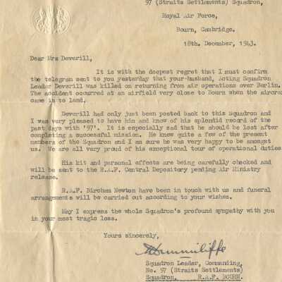 97/Deverill Crew: Condolence letter on death of Ernest Deverill