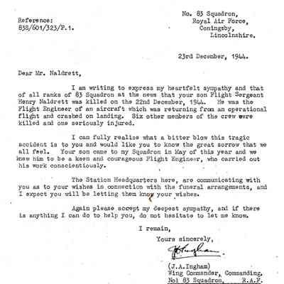 83/Hatcher Crew: Naldrett, letter from Commanding Officer