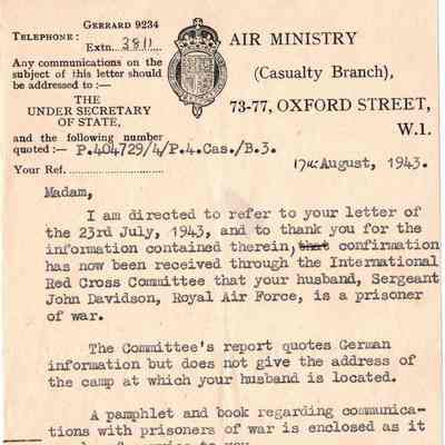 RAF/PW: Davidson, Casualty Branch letter, 43-08-17