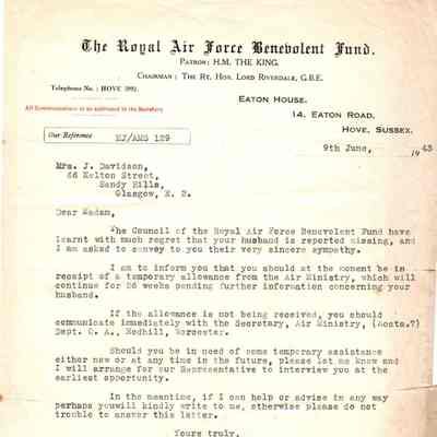 35/Hoos Crew: Davidson, RAF Benevolent Fund letter